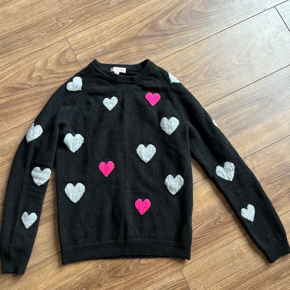 Ladies Philosphy Cashmere Sweater - black with grey and pink hearts - EUC
